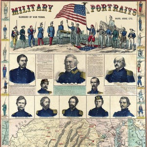 1861 Military Portraits & Civil War Map – Union Generals Lithograph Restored High-Res Printable, Military Chart Digital Download