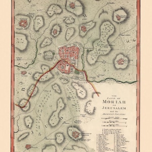 Mapa antiguo de Jerusalén y Palestina pintado a mano de 1815, mejorado: La tierra de Moriah, de John Mellish Descarga digital