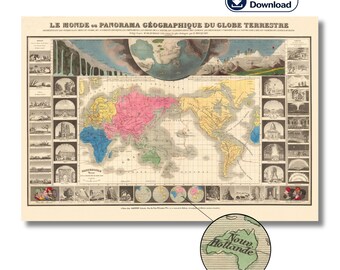 1854 Antique World Map – Le Monde by Édouard Hocquart