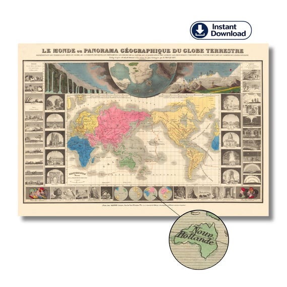 1854 Antique World Map – Le Monde by Édouard Hocquart