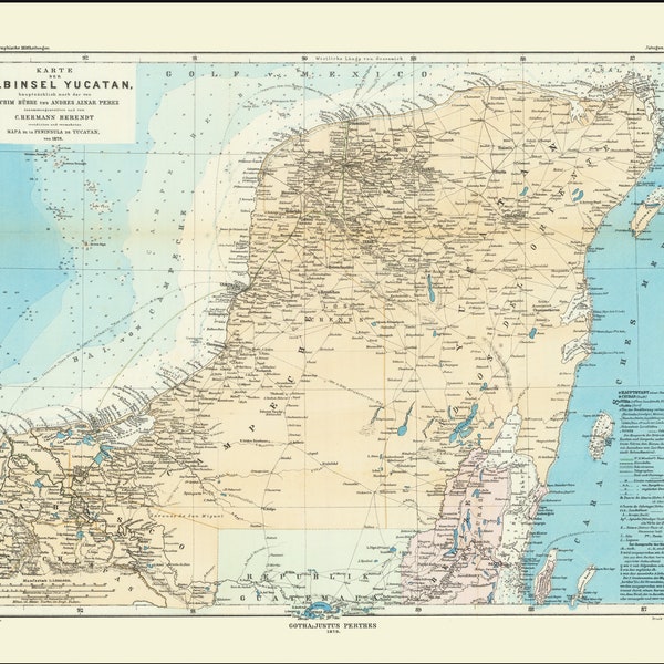 Karte der Halbinsel Yucatan, Digital Download, Map, Mayan Karte, Mesoamerica, Peninsula Map, Augustus Petermann, 1879, High Definition