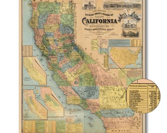 California Vintage Railroad Map & Educational Map Of The State Of California, Digital Download