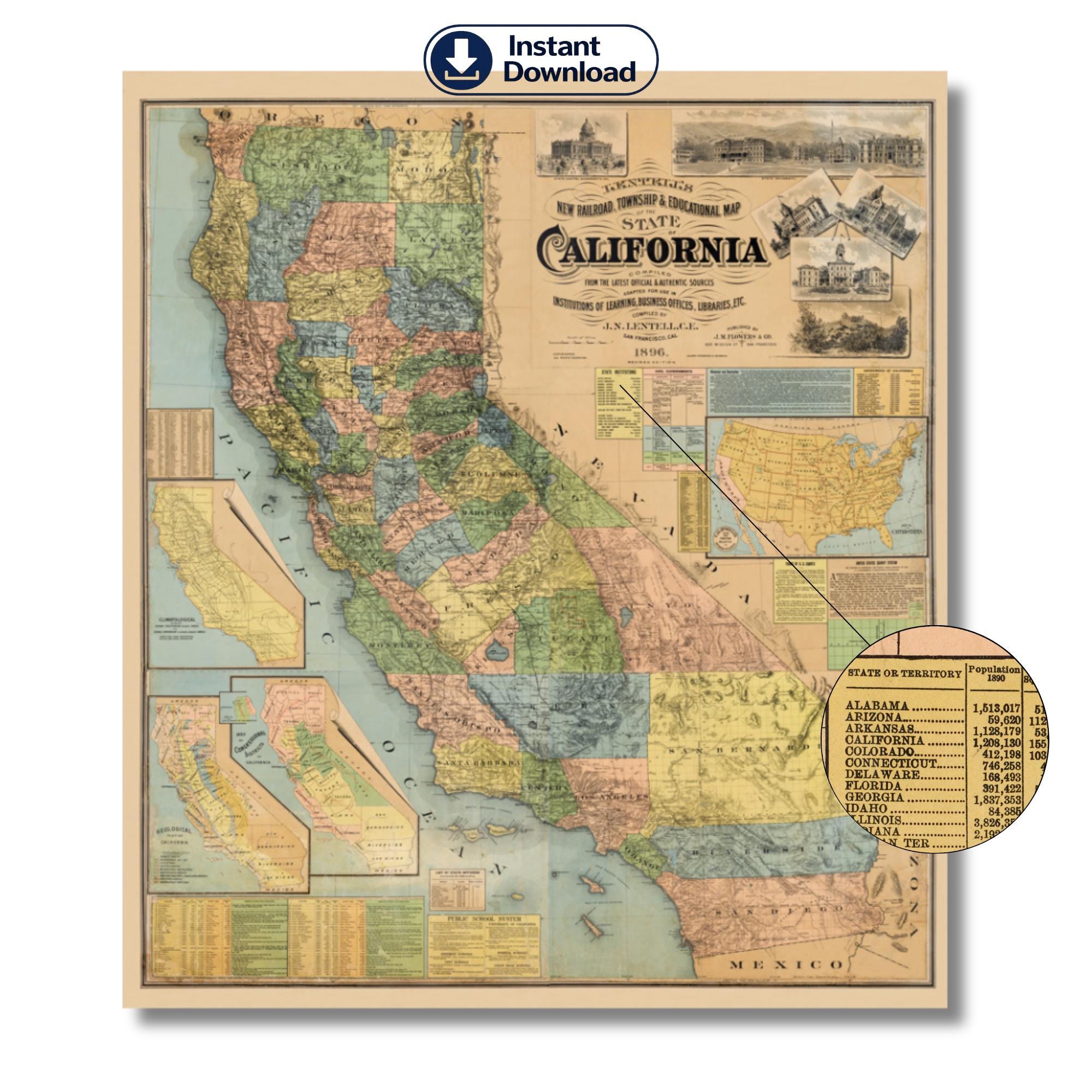 California Vintage Railroad Map & Educational Map of the State of