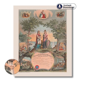 Impressão de certificado da Ordem Antiga dos Trabalhadores Unidos, arte fraternal rara do século XIX, ilustração ritual vintage, decoração antiga de sociedade secreta.