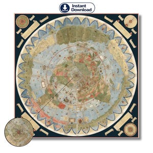 Könnte beinhalten: Eine detaillierte, kreisförmige antike Weltkarte, die Kontinente in Grün, Braun und Gelb vor blauem Hintergrund darstellt. Die Karte enthält Text und ist von einem dunkelblauen Rahmen umgeben. Die Worte "Instant Download" befinden sich in der oberen linken Ecke.