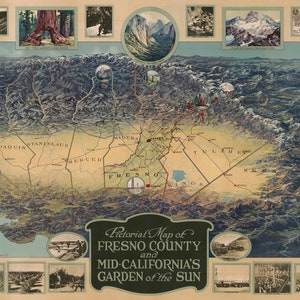 Bildkarte von Fresno County und Mid-California's Garden Of The Sun, verbesserte Qualität, digitaler Download, Kalifornien Bildkarte, alte Karte