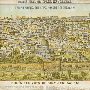 Vogelansicht des Heiligen Jerusalem, digitaler Download, Karte von Jerusalem, Karte über Bethlehem, biblische Karte, Olivenberge, religiöse Karte