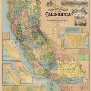カリフォルニアのビンテージ鉄道地図とカリフォルニア州の教育地図、デジタルダウンロード