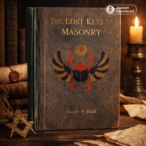 May include: A vintage book titled "The Lost Keys of Masonry" by Manly P. Hall, featuring a scarab beetle design in red, gold, and blue. The book has a worn, textured cover and is set against a backdrop of antique items, including a lit candle.