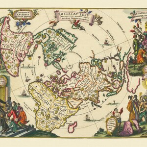 Prachtige Heinrich Scherer antieke platte wereldkaart - jezuïetencartografie, Californië als een eiland, historische prent