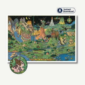 Mapa Krainy Wyobraźni, Sztuka Ścienna z Bajki, Plakat z Fantastyczną Mapą dla Dzieci, Ilustracja z Bajki w Stylu Vintage, Dekoracja Pokoju Dziecięcego, Pobieranie Cyfrowe