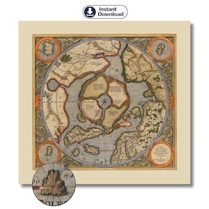 Peut inclure: Impression d'une carte du monde ancienne, de forme circulaire, avec des illustrations détaillées des continents et des océans. La carte est encadrée de bordures décoratives et de texte en latin. L'impression a un fond beige et une petite carte encastrée.