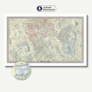 Puede incluir: Un mapa detallado de Jerusalén, con una estética vintage en tonos azules y beige. El mapa incluye el texto "Jerusalem" y una sección ampliada etiquetada como "Mamillah Pool". La imagen también incluye el texto "Descarga instantánea".