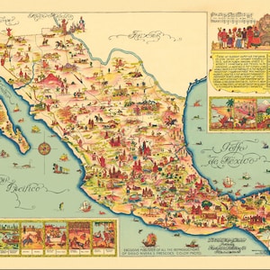 Bildhafte Karte von Mexiko, digitaler Download, alte Landkarte von Mexiko, Landkarte, Mesoamerikaner, Maya-Zivilisation, altes Mexiko, mexikanische Geschichte