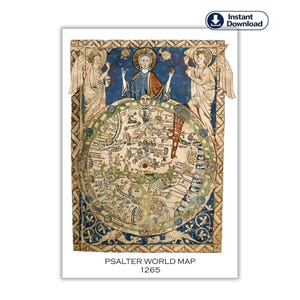 Könnte beinhalten: Antiker Karten-Druck mit dem Titel "Psalter World Map 1265". Die Karte zeigt ein detailliertes, kreisförmiges Design mit Illustrationen, Figuren und Text. Der Rand ist mit Engeln und dekorativen Mustern verziert. Die Farbpalette wird von Beige, Blau und Braun dominiert.
