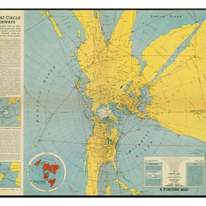 Great Circle Airways, digitale download, Flat Earth Air Map, Flat Earth Map, Gnomic-projectie, Airborne Navigation, Azimuthal, Afdrukken, Kaart