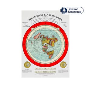 Mapa Alexa Gleasona z 1892 r., zremasterowana, cyfrowa, wysokiej rozdzielczości, standardowa mapa świata, mapa płaskiej Ziemi do druku, mapa azymutalna do druku