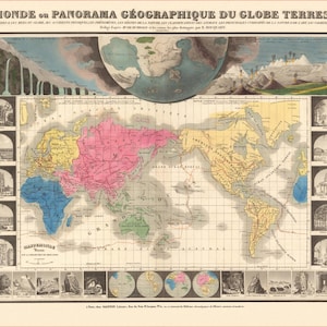 1854 Antike Weltkarte – Le Monde von Édouard Hocquart | Refurbished High-Res druckbare Wandkunst | Naturwunder, Tiere, Menschenrassen
