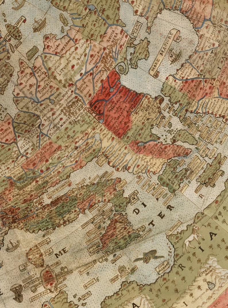 Cartographie de la Renaissance : carte composite du monde d'Urbano Monte, téléchargement numérique, Milan 1587, carte de la Terre plate, haute définition, carte image 2