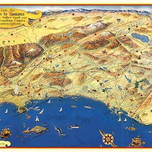 Roads To Romance Karte, digitaler Download, Südkalifornische Karte, Sunshine Empire, altes Kalifornien, Bildkarte von Kalifornien, Golden Coast