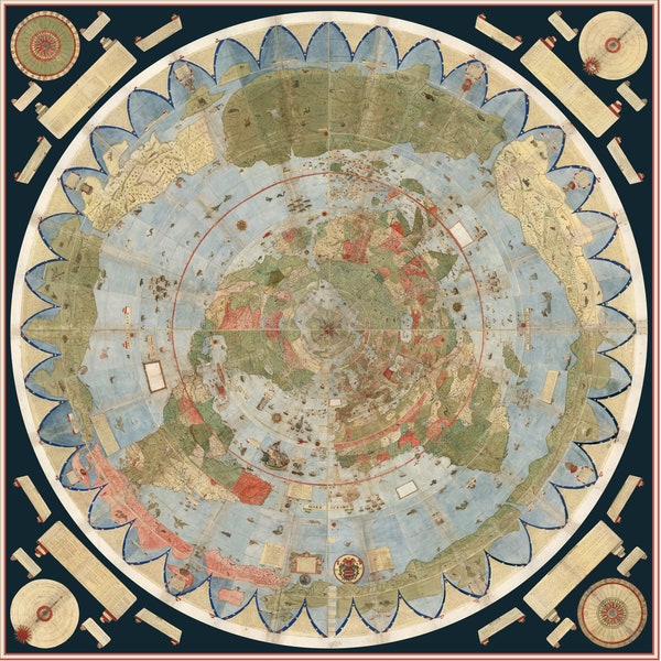 Cartografía renacentista: Mapa compuesto del mundo de Urbano Monte, Descarga digital, Milán 1587, Mapa de la Tierra plana, Alta definición, Mapa