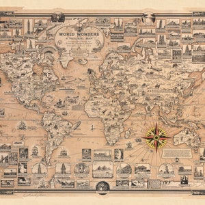 Mapa do mundo antigo assinado em escala, download digital, mapa do mundo das maravilhas, mapa do mundo pictórico antigo, Ernest Dudley 1939 World Of Wonders, HQ