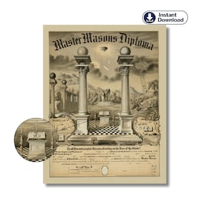 Freimaurer-Diplom – Seltenes Freimaurer Zertifikat mit esoterischer Symbolik – hochauflösender, restaurierter Druck
