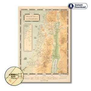 May include: A vintage map titled "Palescine of the Crusades" with detailed geographical features. The map features a detailed inset of the Gaza region. The map is printed on aged paper with a detailed border and decorative elements. The map is available for instant download.