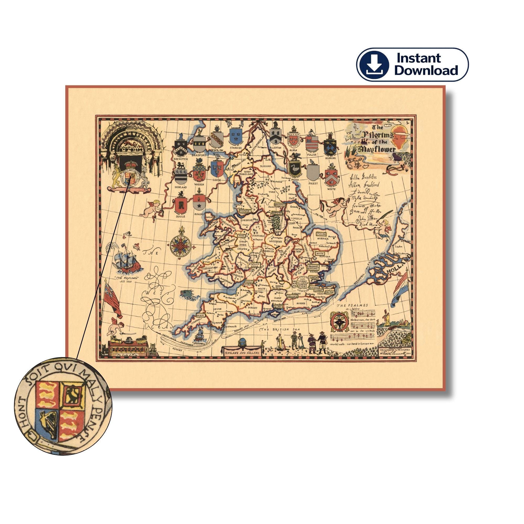 メイフラワー号の巡礼者たちの地図、デジタルダウンロード、植民地時代