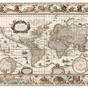 Nova Totius Terrarum Orbis, digitale download, bijbelse wereldkaart, zeven wonderen, historische cartografie, Jan Aertse van den Ende, kaart