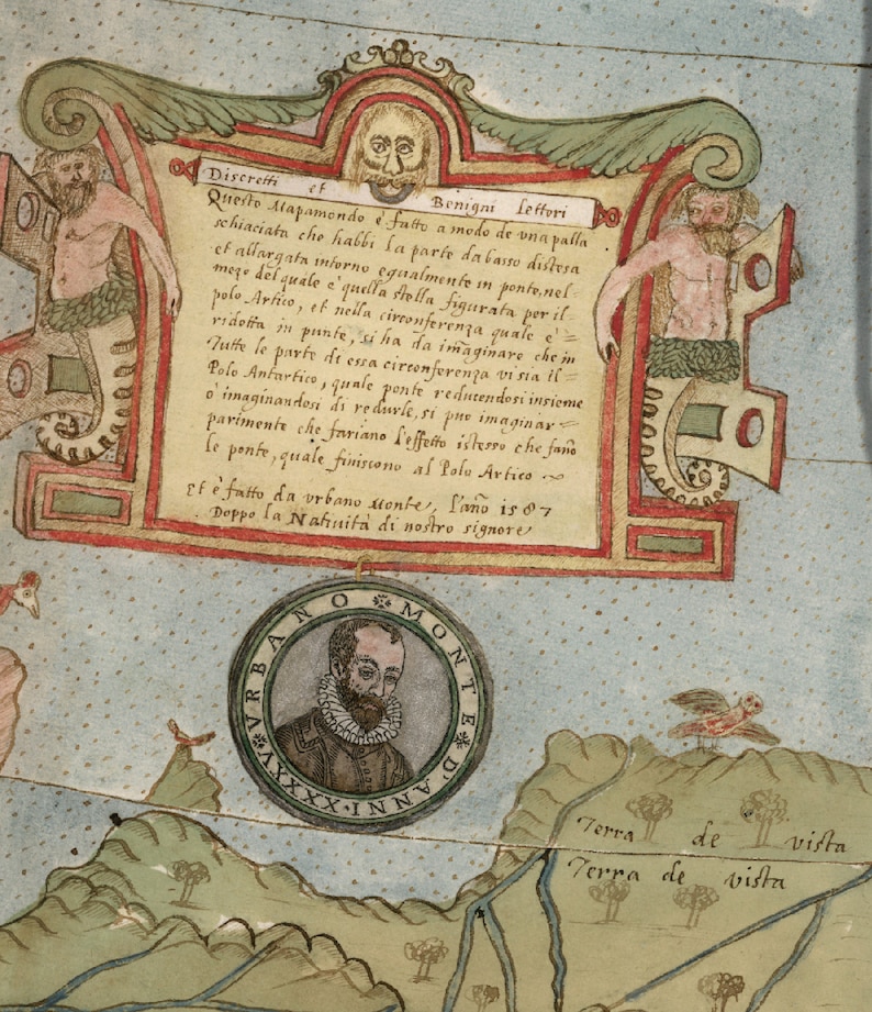 Cartographie de la Renaissance : carte composite du monde d'Urbano Monte, téléchargement numérique, Milan 1587, carte de la Terre plate, haute définition, carte image 3