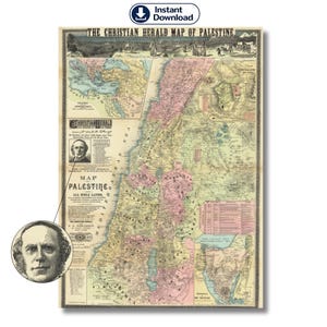 Puede incluir: Un mapa antiguo de Palestina, titulado "The Christian Herald Map of Palestine". El mapa presenta información geográfica detallada, con texto e ilustraciones. Se incluye un retrato de un hombre. El mapa está impreso en papel envejecido.