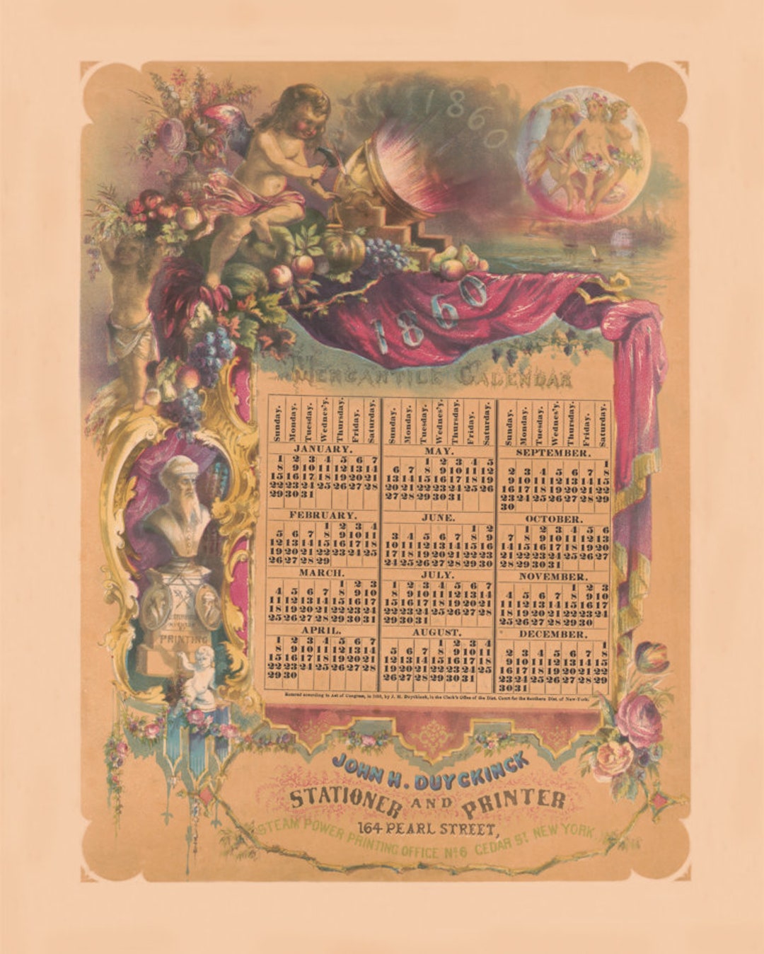 フランスビンテージ　カレンダー Mercantile Calendar 1860, Digital Download, Historical