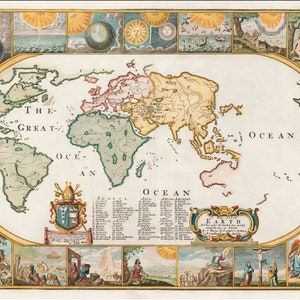 Peut inclure: Une carte du monde antique de forme circulaire, représentant les continents d'Europe, d'Asie, d'Afrique et d'Australie. La carte est entourée d'une bordure avec des illustrations de scènes bibliques, notamment la création d'Adam et Ève, la tour de Babel et la crucifixion de Jésus. La carte est intitulée "The Great Earth" et comprend un blason avec un écu et une couronne.