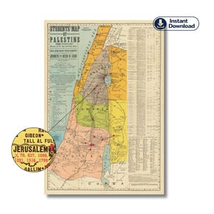 May include: A vintage map of Palestine, featuring a detailed geographical layout with text including "Students' Map of Palestine" and "Jerusalem." The map is in shades of yellow, green, and pink, with a zoomed-in circle highlighting Jerusalem.