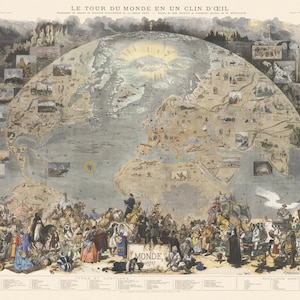 Een wereldtour vanuit Le Monde - 19e-eeuwse verkenning, digitale download, oude wereldkaart 1876, picturaal kolonialisme high-definition