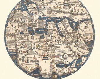 May include: A circular map of the world, drawn in a medieval style, with handwritten text and illustrations. The map is surrounded by a blue border and features a variety of animals, people, and ships.