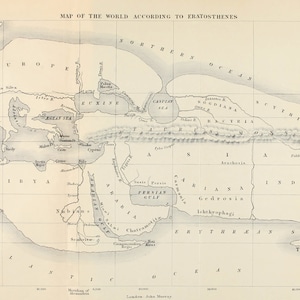 Eratosthenes-kaart van de wereld, digitale download, platte aarde samenzwering, samenzweringstheorie kaart, kaart diameter van de aarde, kaart van de oude wereld
