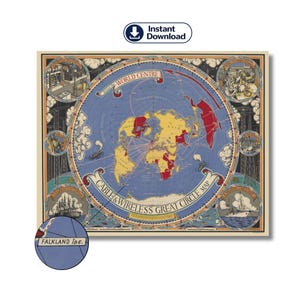 Puede incluir: Un mapa de estilo vintage con fondo azul y una vista circular del mundo. El mapa presenta continentes en amarillo y rojo, con el texto "CABLE & WIRELESS GREAT CIRCLE MAP". También es visible el texto "WORLD CENTRE".