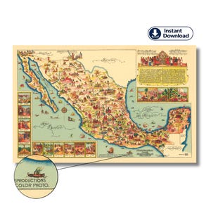 Bildhafte Karte von Mexiko 1950, Illustrierte Mexiko Karte Poster, Mittelamerikanische Karte Kunst, Vintage Mexiko Wandkarte, digitaler Download