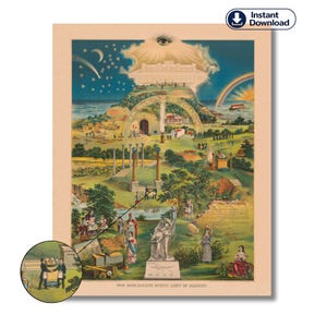 Puede incluir: Una impresión vintage detallada y colorida titulada "Our Emblematic Mystic Light of Masonry". La ilustración muestra un paisaje con elementos celestiales, estructuras arquitectónicas y figuras con vestimenta clásica. La impresión tiene un borde beige y una pequeña incrustación circular.