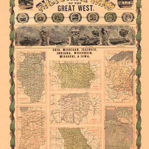 Mapa ilustrado del Gran Oeste, descarga digital, mapa antiguo de EE. UU., historia estadounidense, mapa antiguo, mapa estatal antiguo, mapa digital occidental