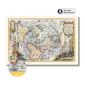 Circunnavegación de Magallanes en 1522, Descarga digital, Mapa de la Tierra plana, Antártida, Muro de hielo hiperbóreo, Proyección de Cassini, Heinrich Scherer