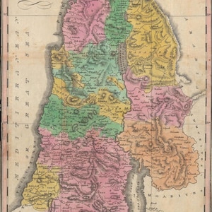 Kaart van het Heilige Land, digitale download, oude kaart van Palestina, Great Awakening, 1864, bijbelse geografie, boek Jozua, stammen van Israël