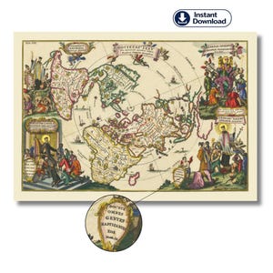 Mapa del mundo de la Tierra plana de Scherer, California como mapa de islas, mapa del mundo jesuita, impresión de mapa antiguo del siglo XVII