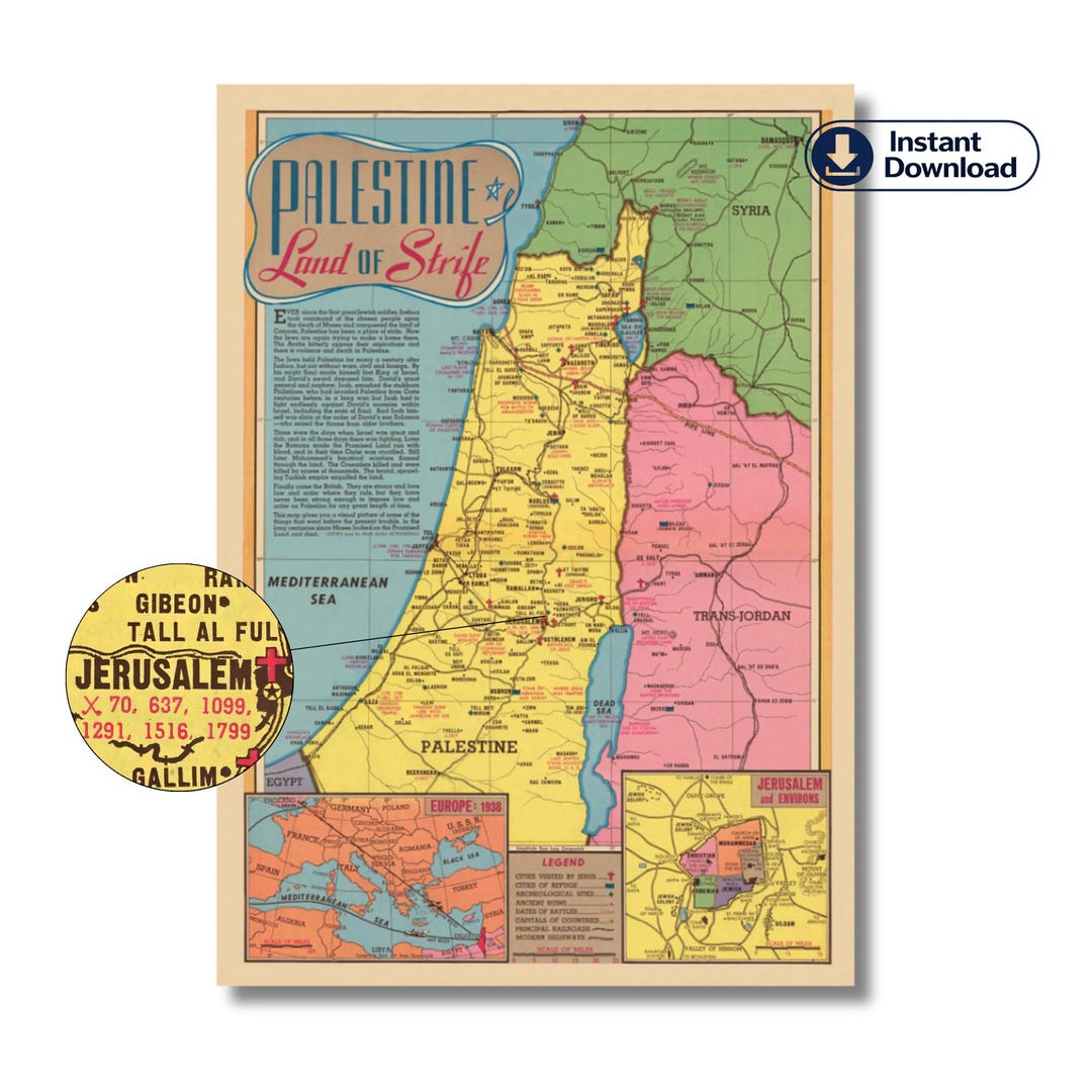 Strife Map Palestine Land of Strife Map, Digital Download, Holy Land Map ...