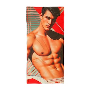LGBT Retro Beefcake Beach Towel - Summer Pride Gift, LGBTQ Home Decor, Gay Art Print, Rainbow Towel, Summer Beach Gift