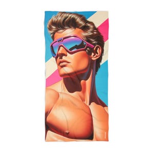 1980&#39;s Style Beefcake Face Beach Towel, Retro Pastel Color Illustration, Poolside Towel, Summer Accessories, Vacation Essentials