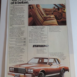1980 Chevrolet Monte Carlo Full Page Color Print Ad