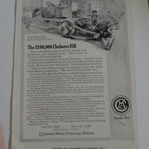 May include: A black and white illustration of a car being tested on a dynamometer. The illustration is accompanied by text that reads "The $100,000 Chalmers Hill" and "Quality First".
